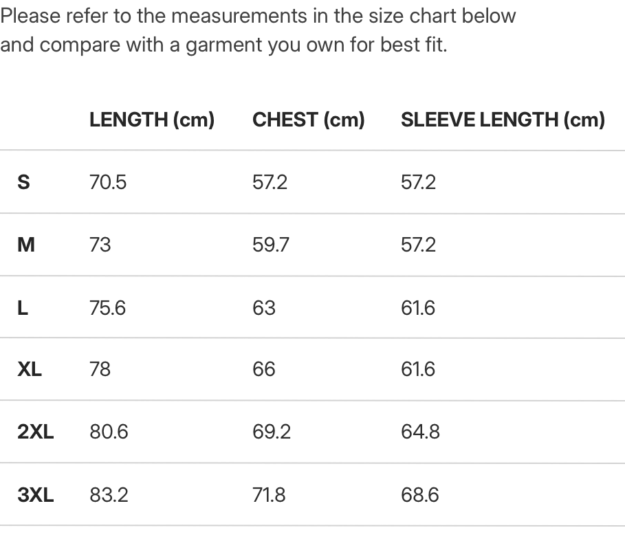 Unisex hoodie size chart measurements