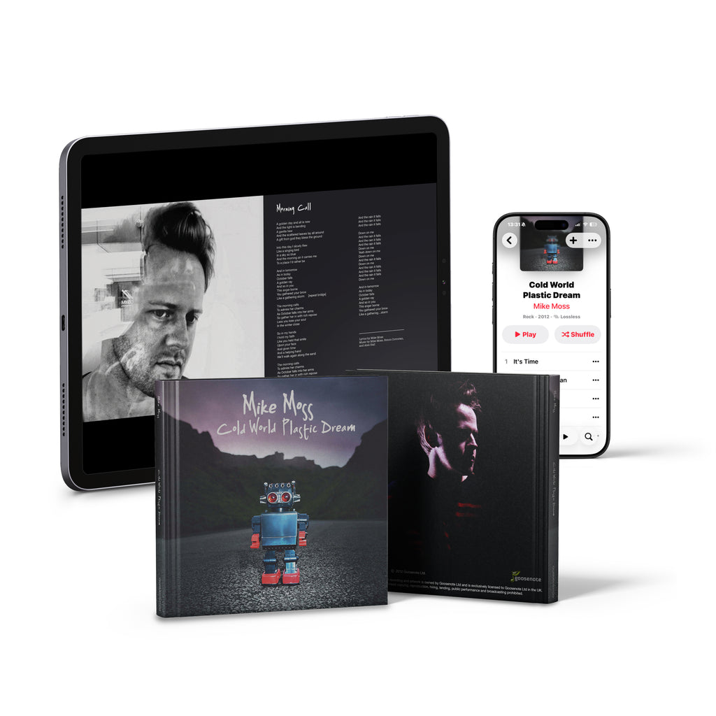 Cold World Plastic Dream by Mike Moss digital booklet preview shown on phone and tablet with front and back cover artwork
