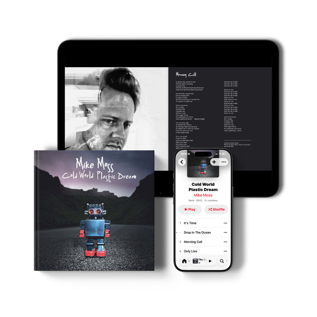 Cold World Plastic Dream by Mike Moss digital download shown on phone and tablet with album cover artwork