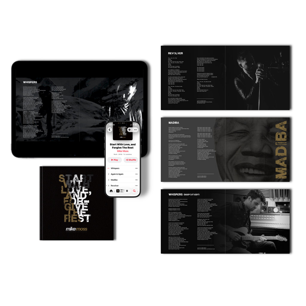 Start with Love and Forgive the Rest by Mike Moss digital booklet and WAV download preview shown on phone and tablet with artwork and lyrics