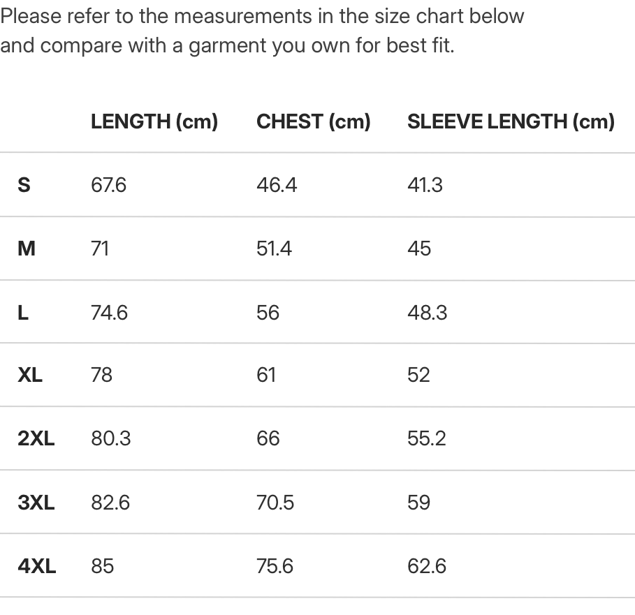 Unisex t shirt size chart measurements